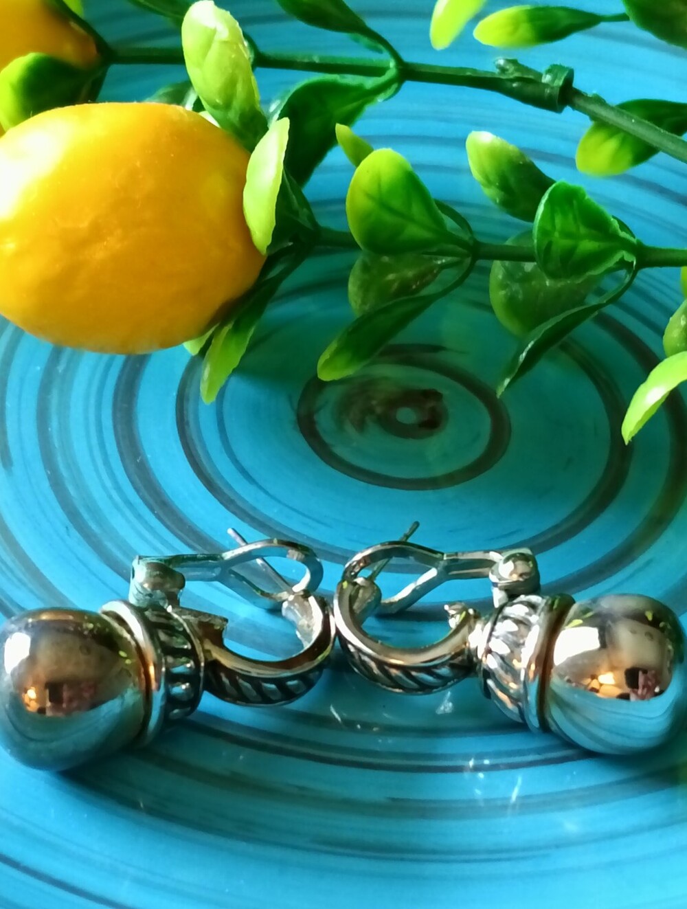 Vintage Silver Ornate Hoop Ball Earrings (1 1/4"L)